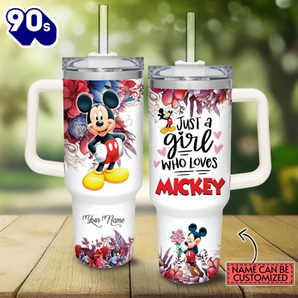 Custom Name Just A Girl Loves Mickey Mouse Colorful Flower Pattern 40oz Stainless Steel Tumbler