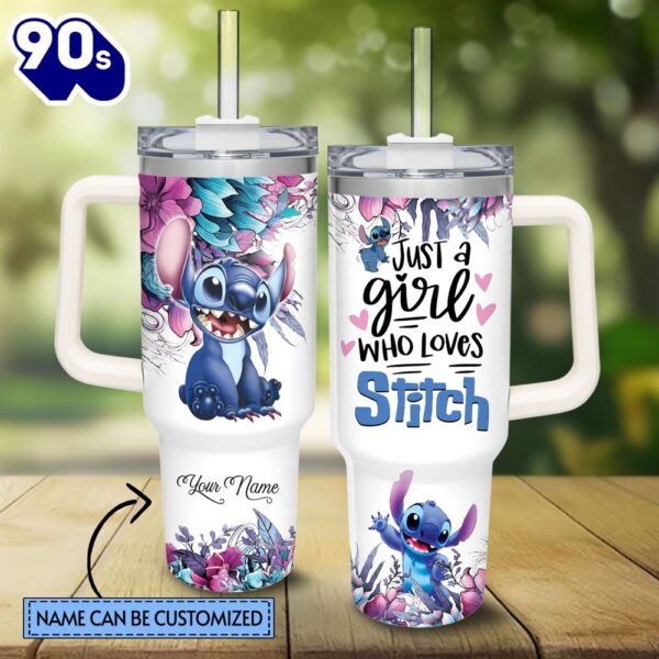 Custom Name Just A Girl Loves Stitch Flower Pattern 40oz Tumbler