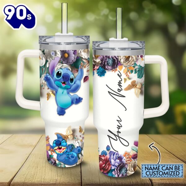 Custom Name Stitch 3d Colorful Flower Sublimation Pattern 40oz Tumbler