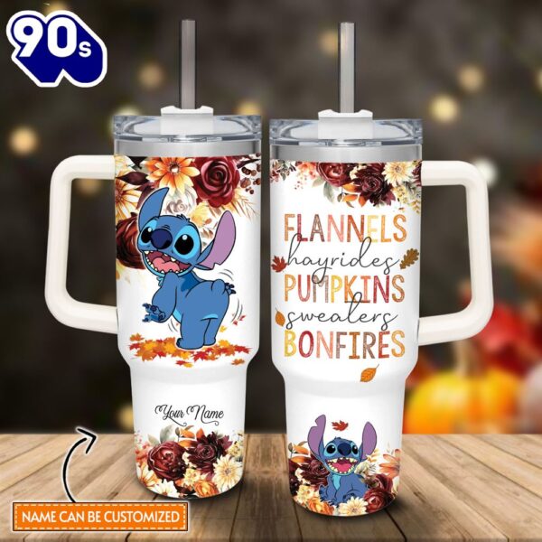 Custom Name Stitch Flannels Pumpkins Bonfires Fall Theme Pattern 40oz Tumbler