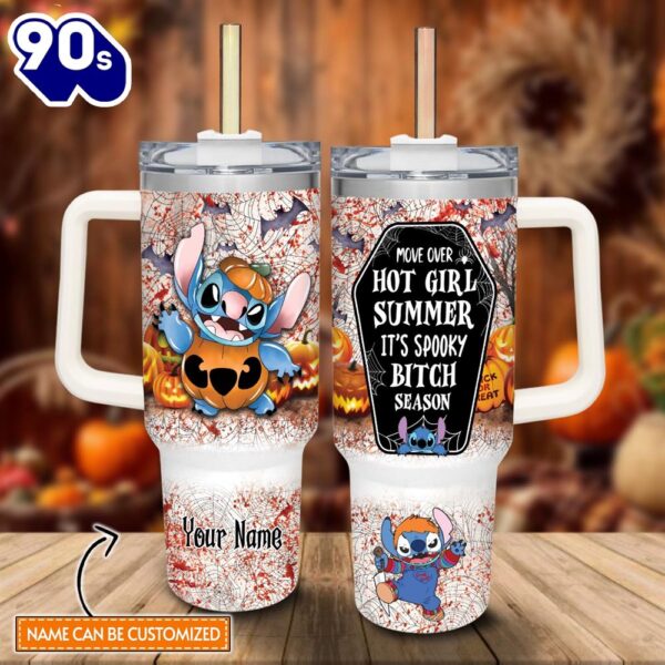 Custom Name Stitch Halloween Costume It’s Spooky Season 40oz Stainless Steel Tumbler