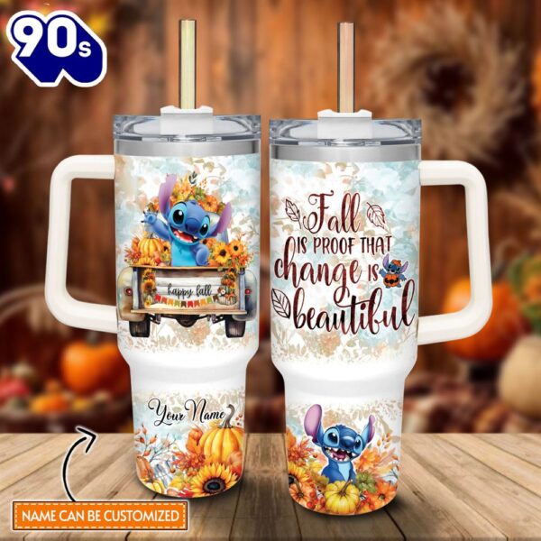 Custom Name Stitch Happy Fall Pumpkin Flower Pattern 40oz Tumbler