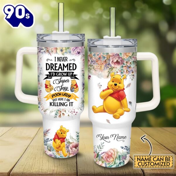 Custom Name Super Sexy Winnie The Pooh Lady Vintage Flower Pattern 40oz Stainless Steel Tumbler