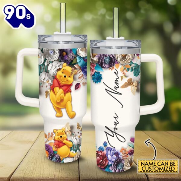 Custom Name Winnie The Pooh 3d Colorful Flower Sublimation Pattern 40oz Tumbler