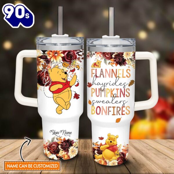 Custom Name Winnie The Pooh Flannels Pumpkins Bonfires Fall Theme Pattern 40oz Tumbler