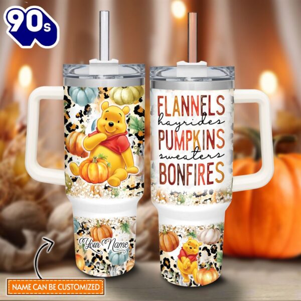 Custom Name Winnie The Pooh Flannels Pumpkins Bonfires Pattern 40oz Stainless Steel Tumbler