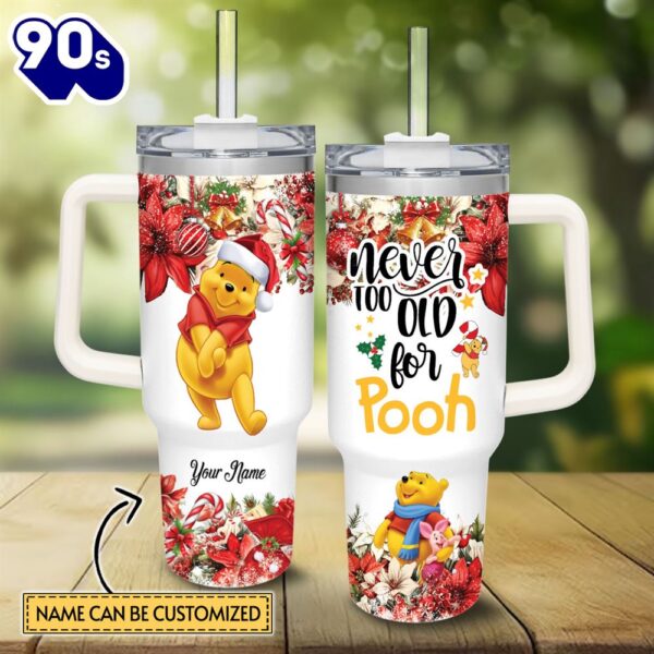 Custom Name Winnie The Pooh Poinsettia Red Flower Christmas Pattern 40oz Stainless Steel Tumbler