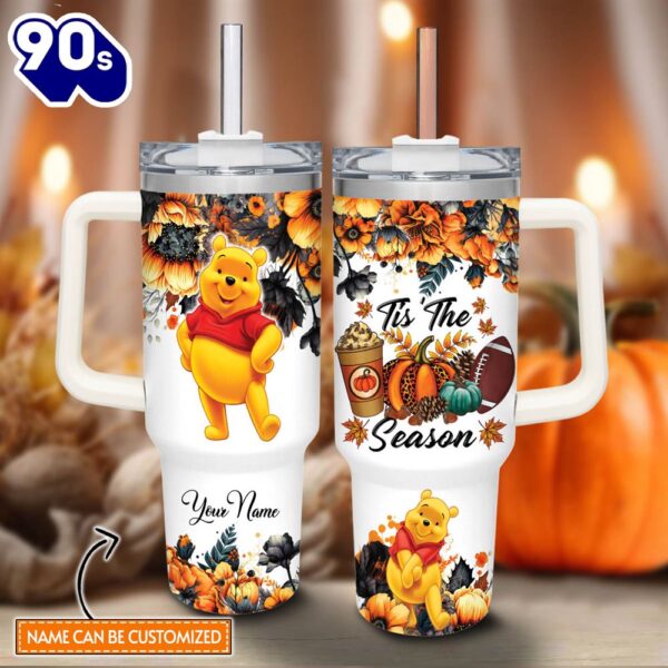 Custom Name Winnie The Pooh Tis The Season Fall Leaf Pattern 40oz Stainless Steel Tumbler