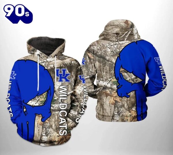 Kentucky Wildcats Camo Veteran Hunting and Skull Punisher 3D Hoodie Kentucky Wildcats