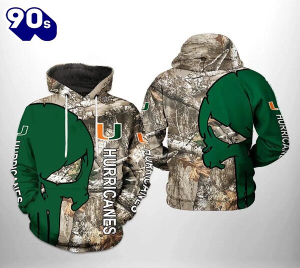 Miami Hurricanes Camo Veteran Hunting and Skull Punisher 3D Hoodie College Baseball Apparel