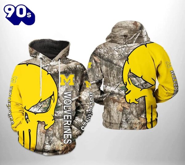 Michigan Wolverines Camo Veteran Hunting and Skull Punisher 3D Hoodie NCAA