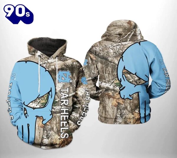 North Carolina Tar Heels Camo Veteran Hunting and Skull Punisher 3D Hoodie