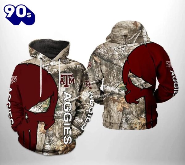 Texas A&M Aggies Camo Veteran Hunting and Punisher Skull 3D Hoodie Texas A&M Aggies