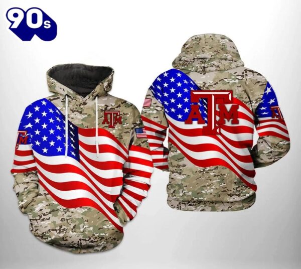 Texas A&M Aggies Flag American Camo Veteran 3D Hoodie Texas A&M Aggies Fan