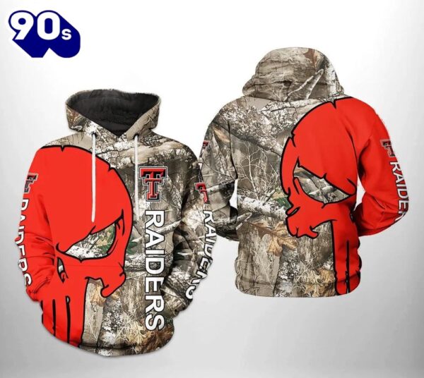 Texas Tech Red Raiders Camo Veteran Hunting and Punisher Skull 3D Hoodie