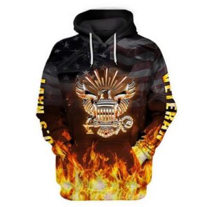 Veteran Military US Navy Veteran Navy Symbol On Fire 3D Hoodie All Over Printed