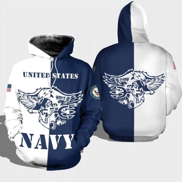 Veteran United States Navy Eagle Anchor Blue White 3D Hoodie All Over Printed