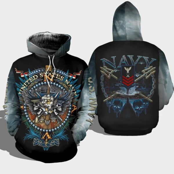 Veteran United States Navy US Navy Veteran Blue Skull 3D Hoodie All Over Printed