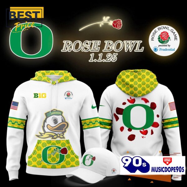 2025 Oregon Ducks x Rose Bowl Game White Hoodie, Cap