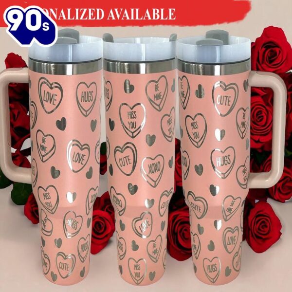 40 oz Valentines Candy Hearts Tumbler with Handle – Laser engraved tumbler with lid and straw – 40oz Tumbler with Handle