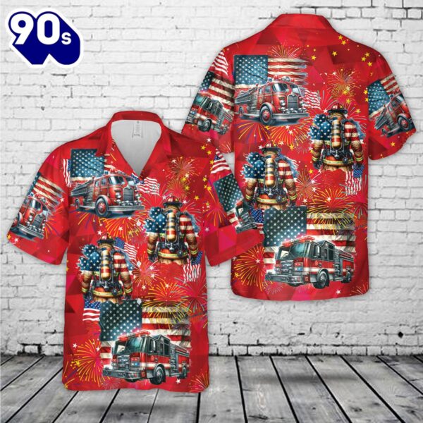 4th Of July Fire Truck Flag Firefighter Hawaiian Shirt