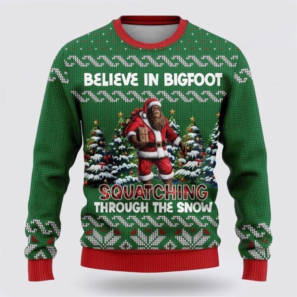 Believe In Bigfoot Through The Snow Ugly Christmas Sweater