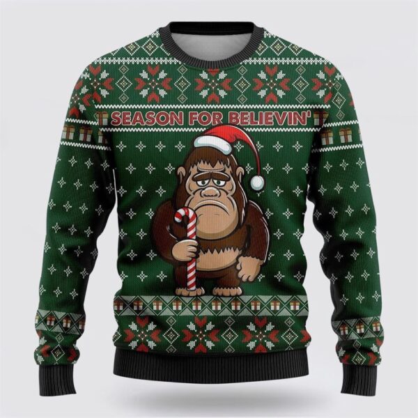 Bigfoot Season For Believin Green Pattern Ugly Christmas Sweater