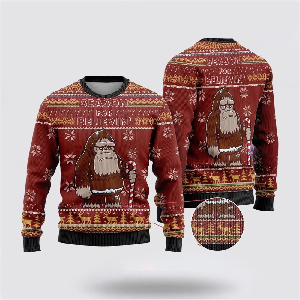 Bigfoot Season For Believin Red Pattern Ugly Christmas Sweater