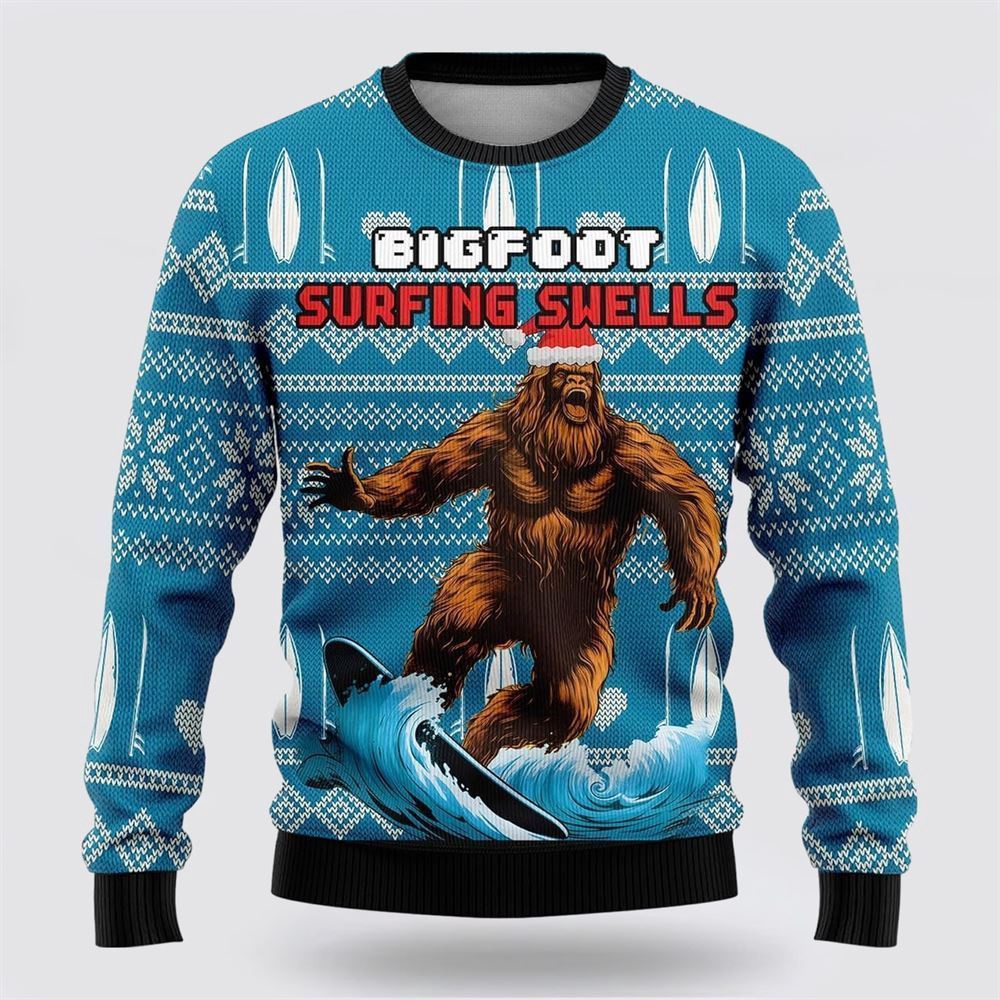 Bigfoot Surfing Swells Ugly Christmas Sweater