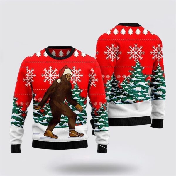 Bigfoot Walks Through The Christmas Pine Forest Ugly Christmas Sweater