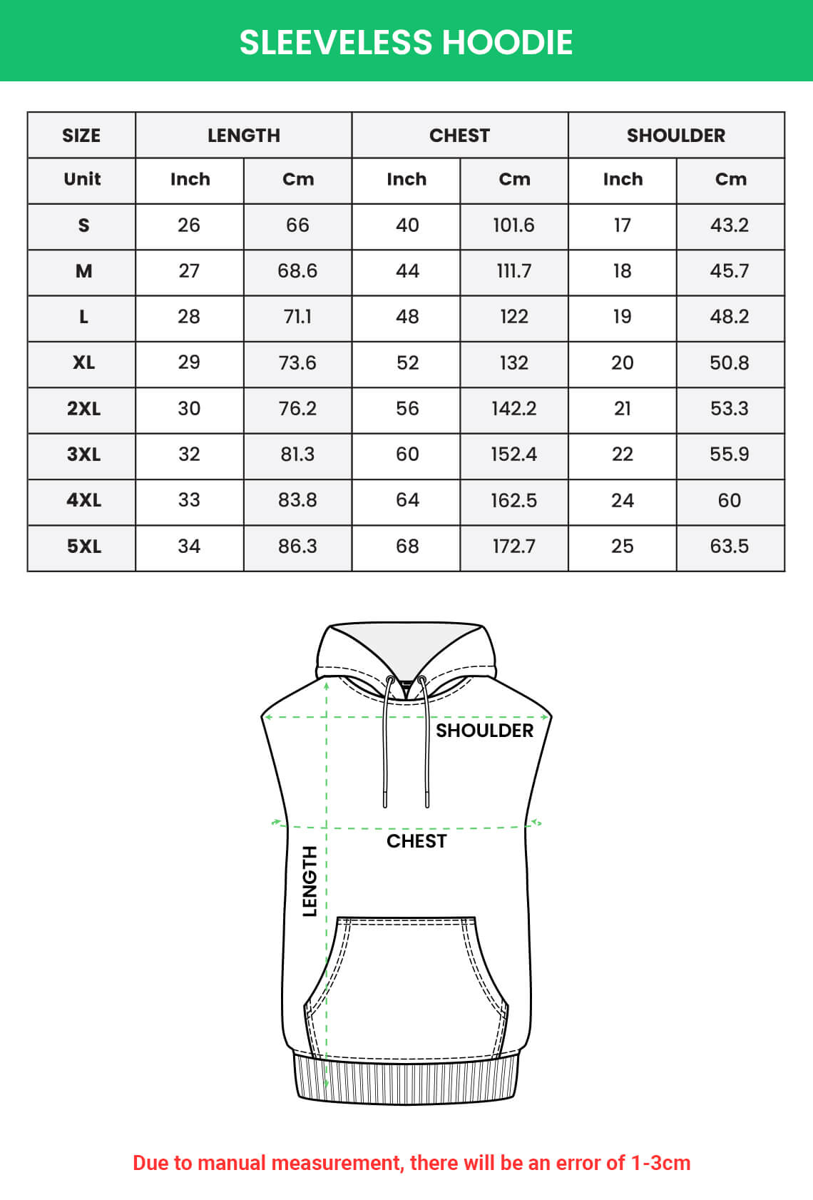 Sleeveless Hoodie Size Chart