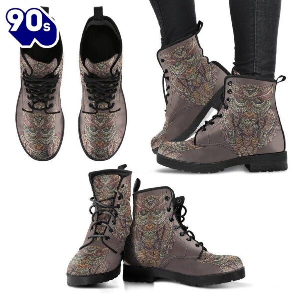 Abstract Owl Women Leather Leather Boots Gifts For Owl Lover