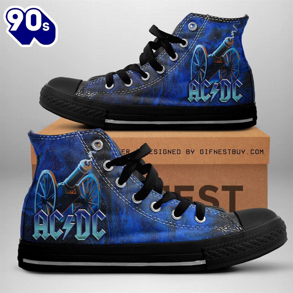 Acdc Rock Band, Acdc Blue Cannon Shoes, Acdc High Top Canvas Shoes For Fans Acdc Rock Band, Acdc Blue Cannon Shoes, Acdc High Top Canvas Shoes For Fans