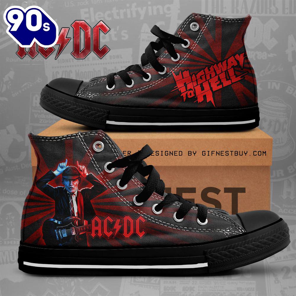 Acdc Rock Band, Acdc High Way To Hell Red Shoes, Acdc High Top Canvas Shoes For Fans Acdc Rock Band, Acdc High Way To Hell Red Shoes, Acdc High Top Canvas Shoes For Fans