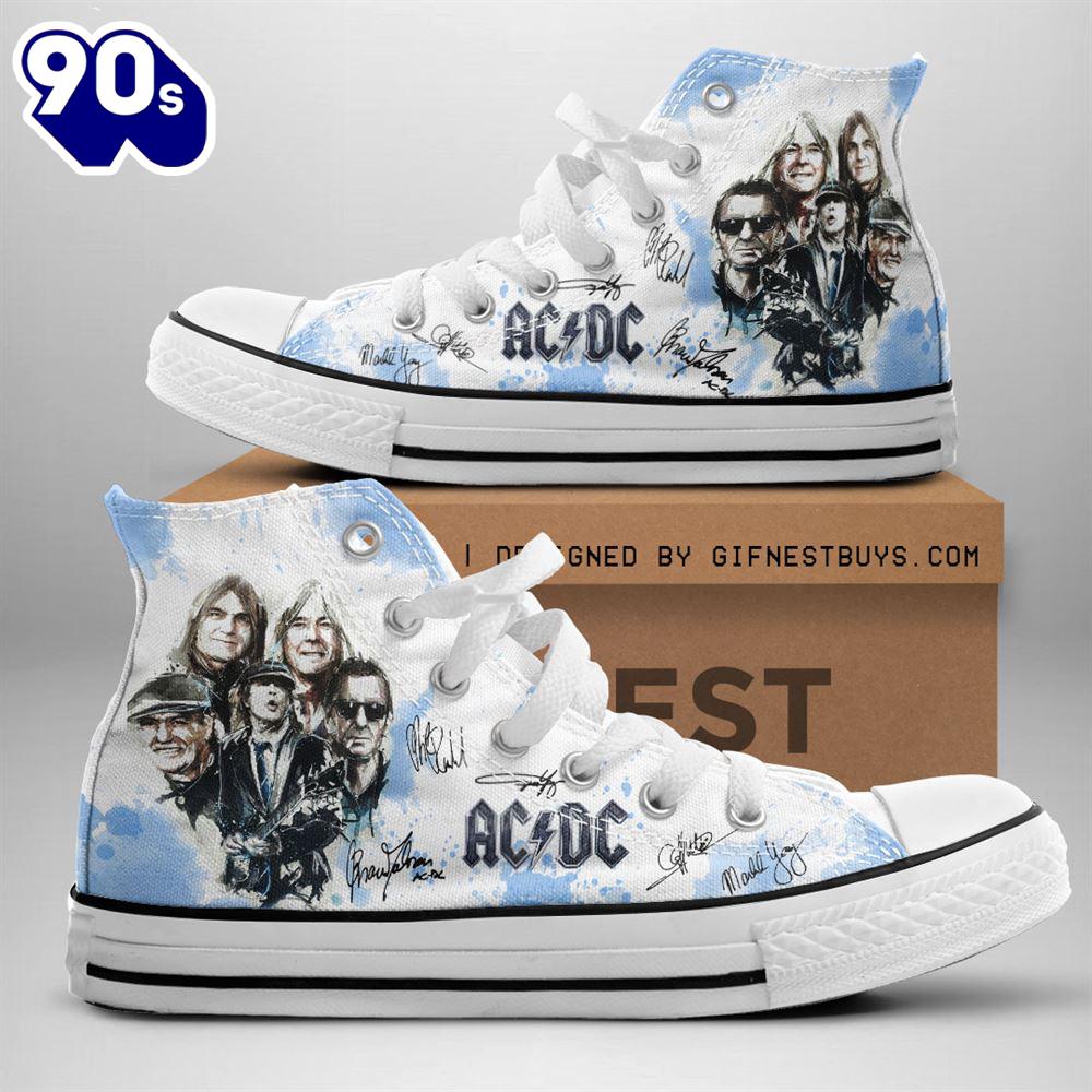 Acdc Rock Band, Acdc Members' Sign White Shoes, Acdc High Top Canvas Shoes For Fans Acdc Rock Band, Acdc Members' Sign White Shoes, Acdc High Top Canvas Shoes For Fans