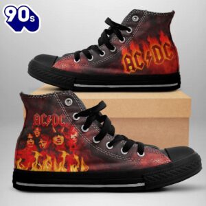Acdc Rock Band, Acdc Red Fiery Shoes , Acdc High Top Canvas Shoes  For Fans