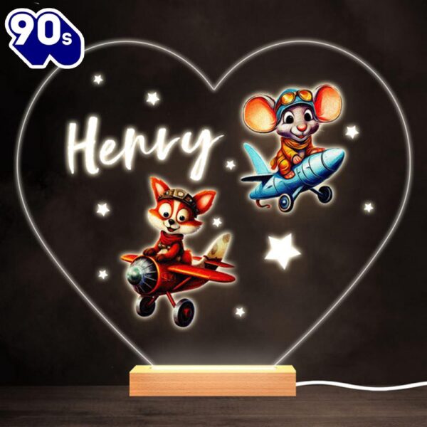 Aeroplane Flying Fox And Mouse Bright Heart Personalised Gift Lamp Night Light  Gift For Christmas