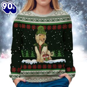 Afghan Hound With Snow And Christmas Ugly Sweater