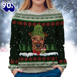 Airedale Terrier With Snow And Christmas Ugly Sweater