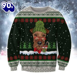 Airedale Terrier With Snow And Christmas Ugly Sweater