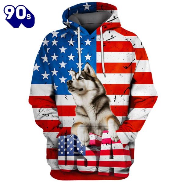 Alaskan Malamute Dog 3D Face Graphic Premium America Flag Hoodie   Gift Christmas