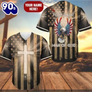 America Flag Eagle Man Of God Cross Custom Baseball Jersey   Gift Christmas