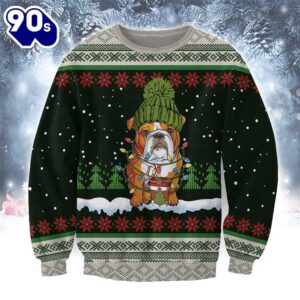 American Bulldog With Snow And Christmas Ugly Sweater