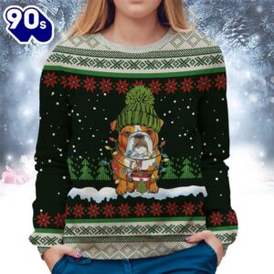 American Bulldog With Snow And Christmas Ugly Sweater