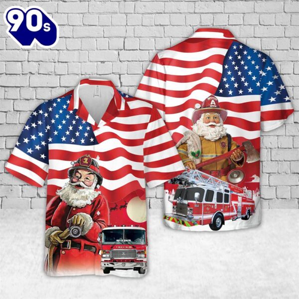 American Flag With Firefighter Fire Truck Christmas Hawaiian Shirt