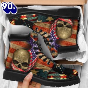 American Skull Leather Boots American Flag Shoes Amazing Gift