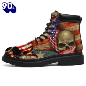 American Skull Leather Boots American Flag Shoes Amazing Gift