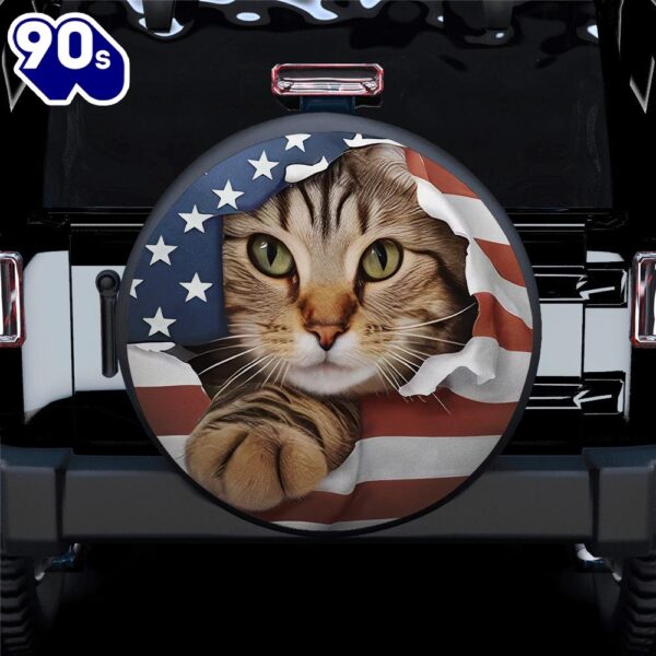 American Us Flag Cat Car Spare Tire Covers Gift For Campers