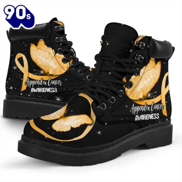 Appendix Cancer Awareness Leather Boots Ribbon Butterfly Shoes