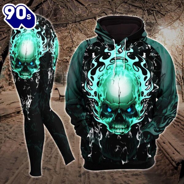 Aqua Green Fire Skull Combo Hoodie And Leggings